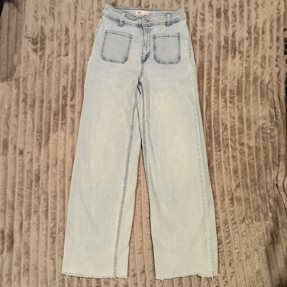 OAT New York High Rise Wide Leg Jeans Light Wash Raw Hem Patch Pockets Size 6/28 - Picture 2 of 8